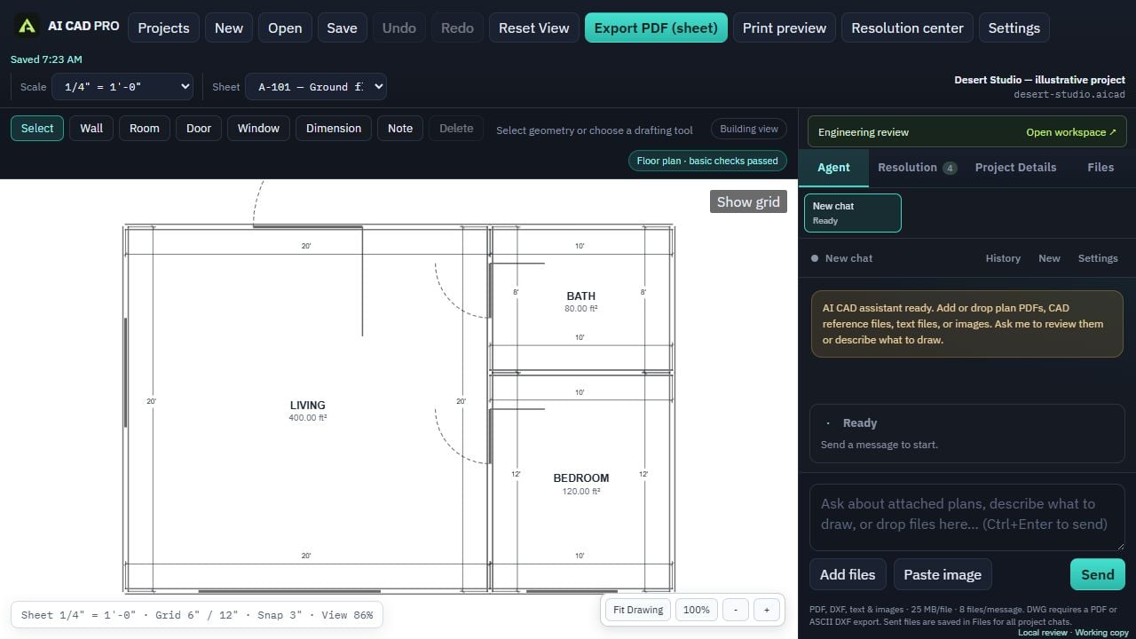 The AI CAD PRO desktop app showing an editable floor plan with the AI assistant panel open beside it.